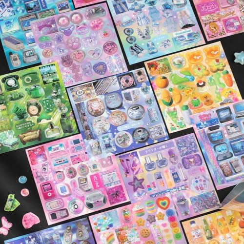 Japanese Retro Sticker Book, 800 Cartoon Stickers Book with Art Coated Paper Creative Activity Stickers for Adults, DIY Scrapbooking Phone Cases Laptops Party Gifts (Neon)