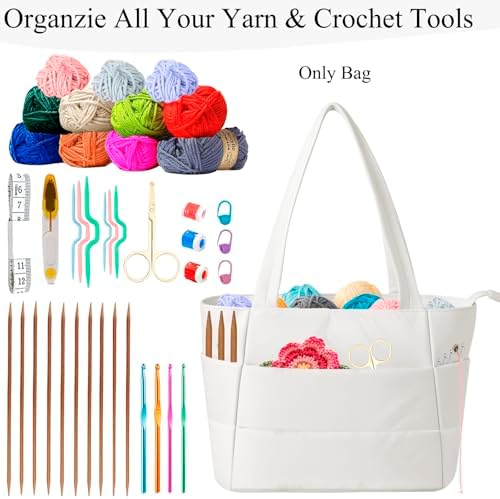 Crochet Bag for Yarn Storage, Puffer Knitting Bag with Soft Handles, Lightweight Yarn Storage Organizer with Zipper for Crochet Accessories, Gifts for Crocheters (Beige)
