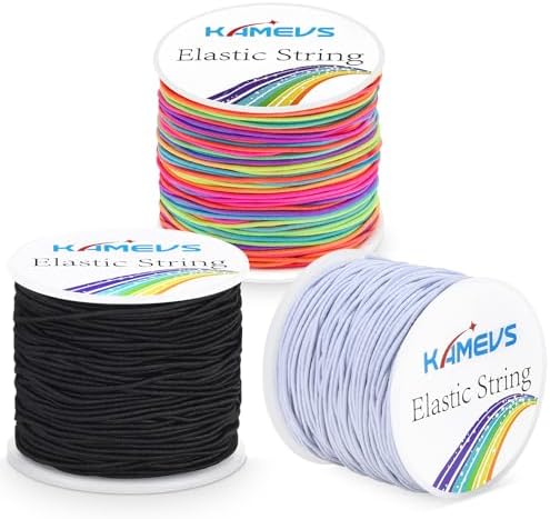 Elastic String, 3 Rolls 495 Feet, 1mm Sturdy Stretchy Cord, Elastic String for Bracelets, Beading, Necklaces, Jewelry Making (White, Black, and Rainbow)