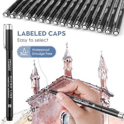 YISAN Black Drawing Art Markers,Micro Fineliner Manga Pens,Calligraphy Pens for Sketching Technical Drawing,16 set 70351
