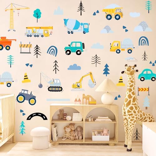 AOWDIAO Construction Vehicle Wall Decals – 90Pcs Reusable Peel and Stick Vinyl Stickers for Kids’ Room, Nursery & Playroom – Removable Truck Decoration for Boys & Toddlers