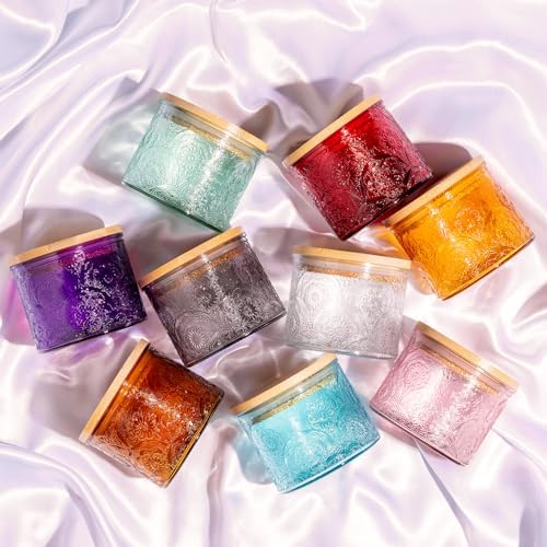 10 oz Multi-color Mandala Glass Candle Jars with Bamboo Lids, 9 Pack
