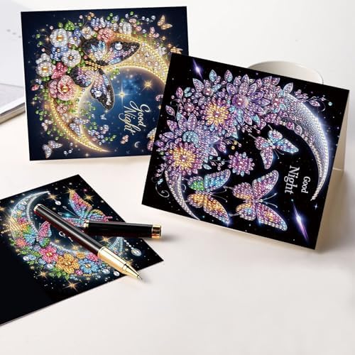 antor 6 Pcs 5D Rhinestone Painting Greeting Cards Kits, Handmade Festival Greeting Cards with Envelopes Holographic Shimmer Design DIY Diamond Art Crafts Birthday Cards for Adults (Butterfly Moon)