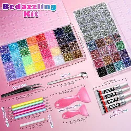 YGDZ 64 Grids Bedazzling Kit, 40000Pcs Jelly Resin Rhinestones for Diamond Art, Silver Flatback Gems, Bedazzled Kits with B7000 Jewelry Glue, Bedazzling Tool, Nail Charms, for Nail Art, Crafts, DIY