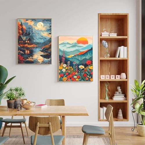 JULOUYN 2 Pack Paint by Numbers Kit for Adults Beginner, Mountains Lake Sunset Landscape DIY Canvas Art Kit with Brushes & Acrylic Paints for Home Decor 16x20 in | Easy to piant for beginners elderly, DIY art, with Magnifying glass, Relaxing & Stress r...