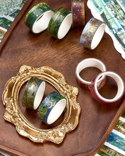 Landscape Washi Tape Set in Oil Painting Style 20 Rolls Scenery Drawing Masking Gold Foil Graphic Decorative Tapes for Arts, DIY Crafts, Journals, Planners, Scrapbook, Wrapping (Classic)