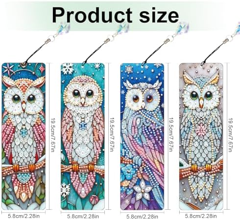 4 Pcs Diamond Painting Bookmarks, Owl DIY 5D Special Shaped Rhinestone Bookmark Kits for Adults, Handmade Diamond Art Bookmark with Tassel Pendant for Reading Gifts