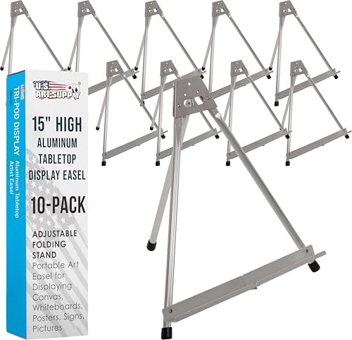 U.S. Art Supply 15" High Aluminum Tabletop Display Easel for Painting | 10-Pack, Adjustable Folding Stand, Portable Art Easel for Displaying Canvas, Whiteboards, Posters, Signs, Pictures, Paintings