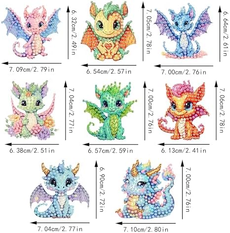 Masendp 8 Pieces Diamond Painting Keychain Cartoon Style Diamond Art Jewelry Double Sided 5D Diamond Painting Kit for Beginners Adult DIY Art Craft Gift Home Decor (Dragon)