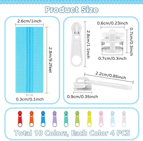 DOITEM 31 Yards 10 Pieces Sewing Zippers #3 Nylon Coil Zippers Assorted Zipper for Sewing with 40 Zipper Sliders for Tailor Sewing Crafts Supplies, 10 Color