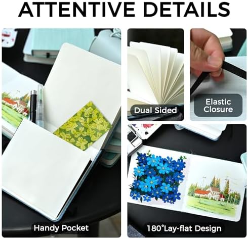 Funto Watercolor Journal, 4.7x4.7, 24 Sheets 100% Cotton Cold Press Paper 300gsm/140lb, Acid-Free Travel Sketchbook for Artists & Adults (Deep Green)