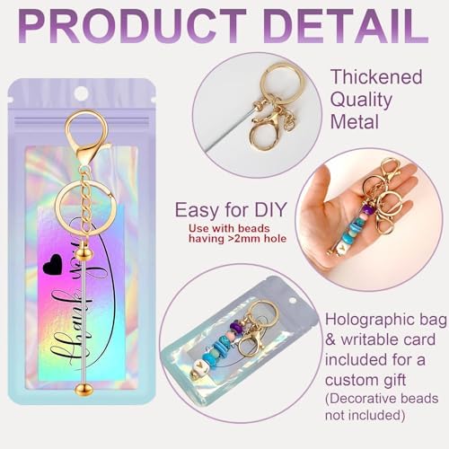 42/84/126 Pcs Beadable Keychain Bars Bulk Blank DIY Beaded Keychain Making Supplies with Bag Thank You Card