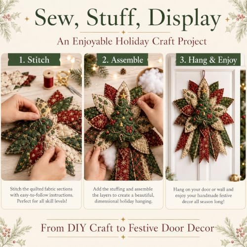 Festive Quilted Christmas Door Hanging DIY Sewing Kit, Christmas Quilted Bow DIY Kit with Fabric, Batting, Thread, Templates & Instructions, Patchwork Hanging Decor Kit for Door Wall Display (E-1)