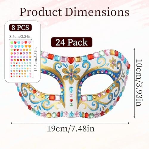 24 Pack Paper Mache Art Mask White Paper Mask Half Face Masquerade Masks DIY White Craft Masquerade Masks and Gem Stickers Cosplay Party Halloween DIY Blank Mardi Gras