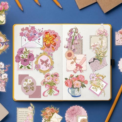 50 PCS Gold Stamp Stickers for Scrapbooking Journaling Junk Journal Scrapbook Supplies - Waterproof Transparent PET Aesthetic Decals for Resin Crafts Decorative Art Crafts (Gold Stamp)
