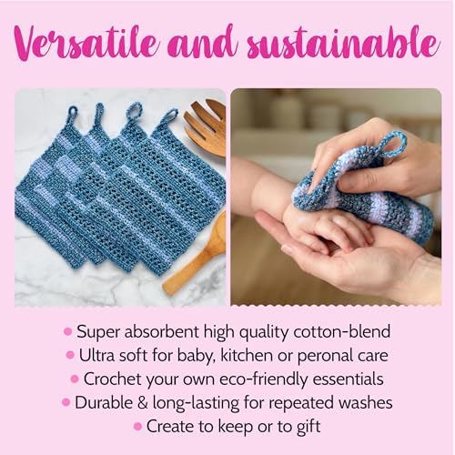 KnitPal Dishcloth Crochet Kit for Beginners (Jean Blue + Sky Blue)