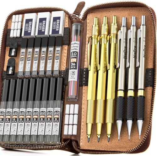 Nicpro 30PCS Art Mechanical Pencils Set in Leather Case-Gold