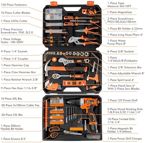 XOOL 313-Piece Home Tool Kit with 12V Cordless Drill, Toolbox with Drawer, All-in-One Tool Set for DIY, Home & Garage