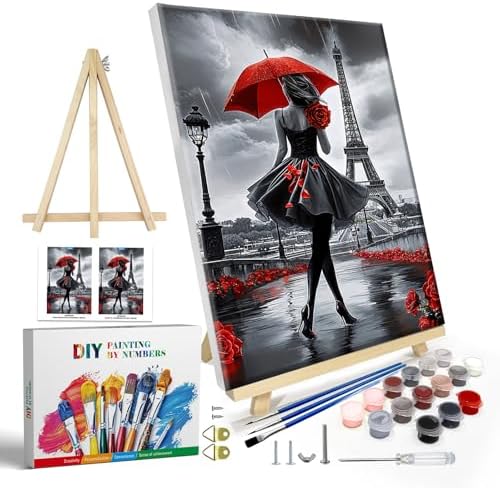 JOOZ Paint by Numbers Kit for Adults with Frame, Eiffel Tower Paint by Number with Easel, DIY Rose Woman Oil Painting by Numbers with Red Umbrella, Adult Paint by Number Kits for Wall Decor 8x12 Inch