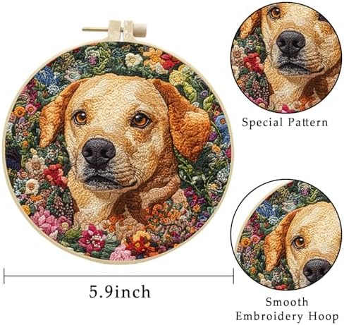 LB 4 Pack Cute Dog Flower Embroidery Kit for Beginners Funny Animal Beginner Embroidery Kit for Adults DIY Starter Kit with Embroidery Hoop Colorful Threads Tools Step by Step Instructions