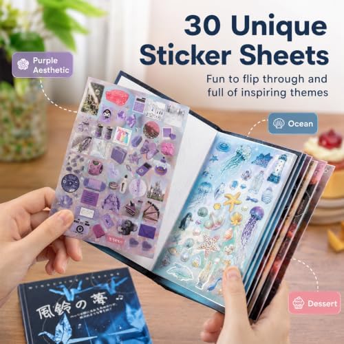 30 Sheets Japanese Aesthetic Sticker Book,Foods Seashells Starfish Patterns for Scrapbooking,Journaling,DIY Crafts Decoration