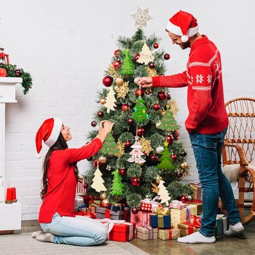 48Pcs Unfinished Paintable Blank Wooden Christmas Tree Festival Decoration Ornaments, Xmas Tree Hanging Wood Slices for DIY Art Crafts 4 Type