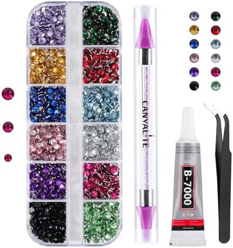 Canvalite 5000Pcs Resin Rhinestones for Crafting with 10ml B7000 Jewelry Glue, 1 Box Flatback Crystals Diamond (Colorful) for Bedazzling Crafts DIY Nail Art Non Hotfix Gems for Clothing Shoes Tumblers