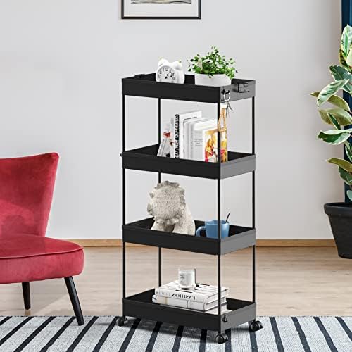 SPACELEAD 4 Tier Rolling Cart with Wheels, Storage Craft Art Trolley Organizer Serving, 3 Hanging Baskets Easy Assembly, for Office, Living Room, Kitchen