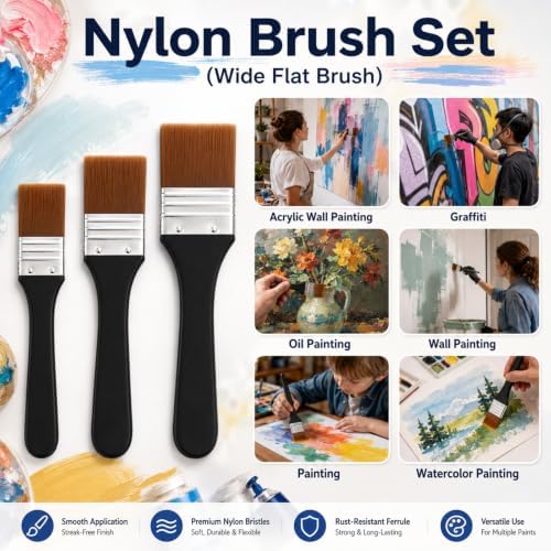3PCS Large Paint Brush Wide Flat Acrylic Paint Nylon Bristle Varnish Brush