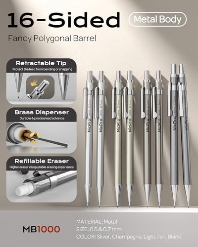 Nicpro 8 Pack 0.5mm & 0.7mm Metal Mechanical Pencil Set, MB1000