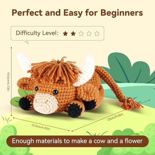 MOREJMTT Crochet kit for Beginners Adults, Learn to Crochet, Include Easy Knitting Soft Yarn, Step-by-Step Video Tutorial, Hook, Holiday Birthday Gift (Highland Cow)