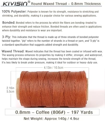 Bonded 0.8mm Round Waxed Polyester Cord, 3-ply Wax Coated Thread, 197 Yards Stiff String for Heavy Duty Fabric, Leather Sewing, Book Binding, Upholstery Repair, and Macrame Jewelry - Coffee