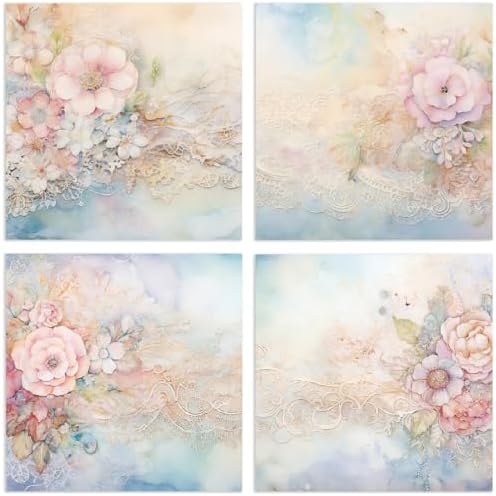 6x6 Scrapbook Paper Pad - Silent Blossom Vintage Lace 160gsm Cardstock, 24 Pcs Pastel Watercolor Floral Decorative Paper for Wedding Junk Journal Supplies