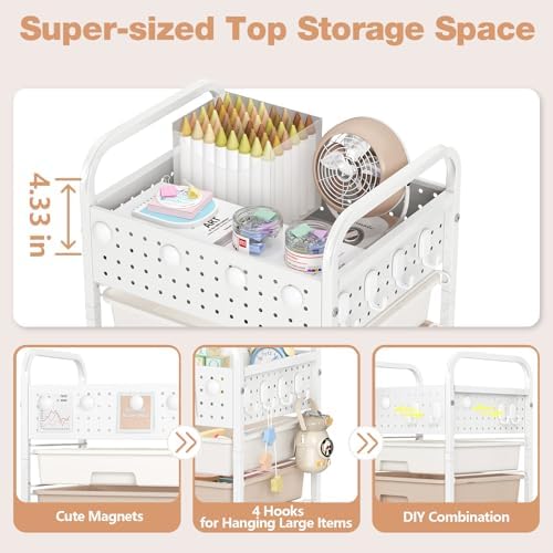4 Drawer Rolling Storage Cart with Pegboard Top and Hooks, Brown