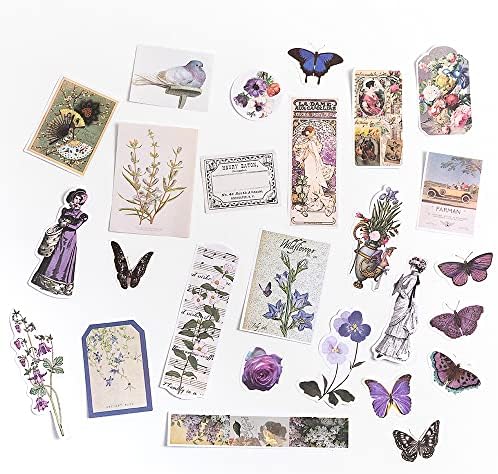 Alideco 200pcs Vintage Scrapbook Stickers Kawaii Purple Floral Scrapbooking Paper Washi Junk Journaling Supplies Collage Album Aesthetic Cottagecore Picture Frames(Butterfly)