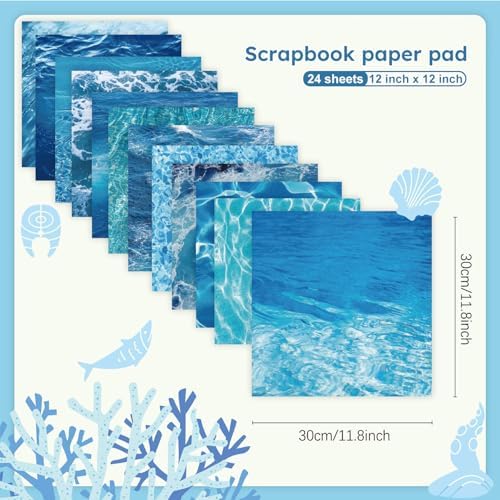 12in Blue Waves Scrapbook Paper Pad - 24 Sheets Double Side Sea Patterns Designed Aesthetic Collage Material for Junk Journal Folded Card Making DIY Crafts Gift Wrapping Supplies