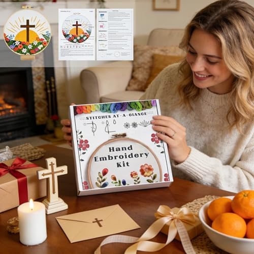 ElasignShopo Christian Embroidery Kit for Beginners Adults, Easy Cross Stitch Kit Easter Cross Jesus Pattern Embroidery Starter Kits with Wooden Hoop, Needles, Threads and Instruction Easter Gift