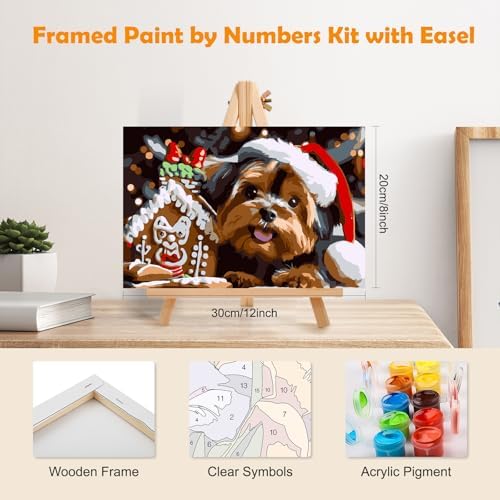 MOGTAA Christmas Paint by Numbers Kit for Adults Beginners with Frame, Christmas Dog Adult Paint by Number Kits on Canvas with Easel, Easy DIY Animal Oil Painting Kits for Home Decor, 8x12in