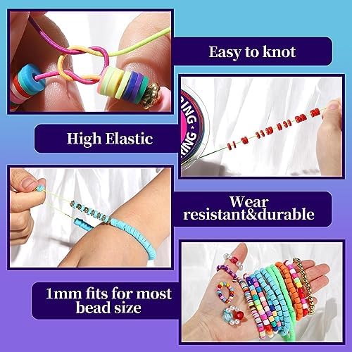 FANDAMEI 1mm Elastic String for Bracelets, Elastic Bracelets Beading Cord Stretchy Rainbow, Stretch Bead Cord for Jewelry Making, Sturdy Thread for Bracelet Necklace Crafts Christmas DIY Colorful