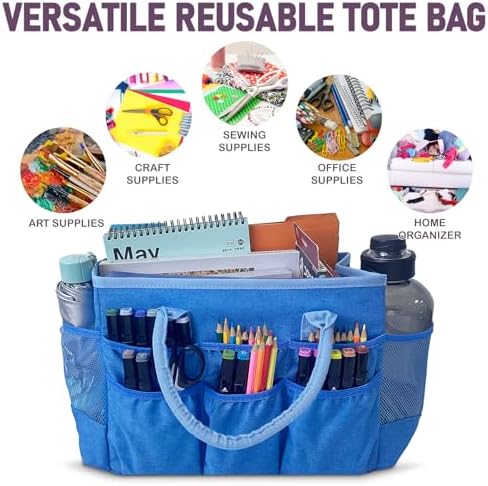 Cupohus Craft Organizer Tote Bag – Craft Caddy with 2 Mesh Side Pockets & Front Elastic Pockets, Foldable Large Capacity Supply Storage Bag for Sewing, Knitting, Painting, and Travel (Blue)