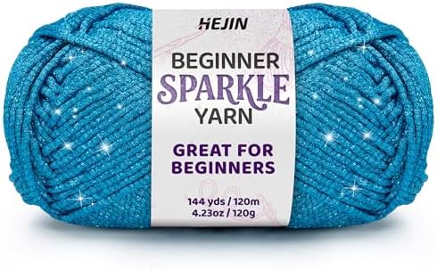 HEJIN 120g Metallic Blue Yarn for Crocheting and Knitting | 120m(144yds) for Beginners with Easy-to-See Stitches; Worsted-Weight Medium #4; Yarn for Beginners Crochet Kit Making