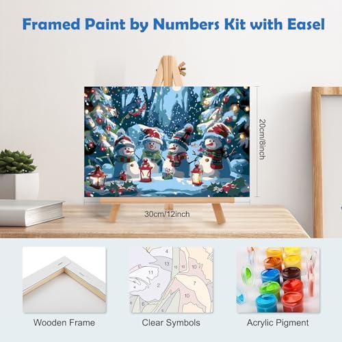 MOGTAA Christmas Paint by Numbers Kit for Adults Beginners with Frame, Snowman Adult Paint by Number Kits on Canvas with Easel, Easy DIY Xmas Winter Oil Painting Kits for Home Decor, 8x12in