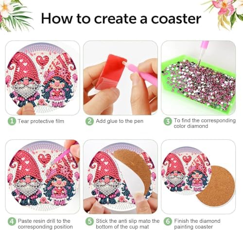 8 Pcs Valentine Diamond Art Coasters Kit for Adults with Holder 4x4in