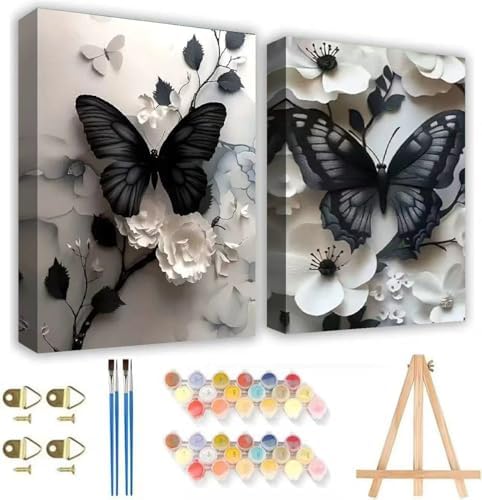 KYOQFVN 2 Pack Butterfly Paint by Numbers with Wooden Easel - Adult Paint by Number Kits on Canvas Framed, Easy Painting by Numbers for Adults, Acrylic Oil Painting for Home Wall Decor 8x12inch