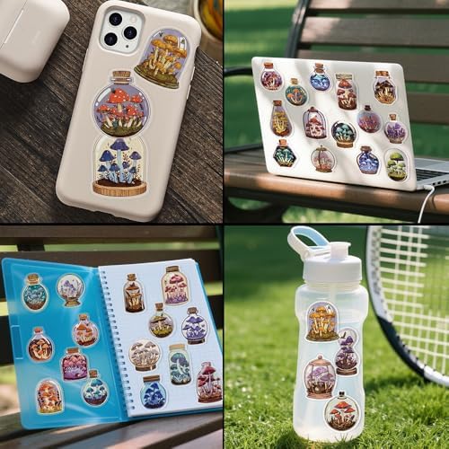 50pcs PET Vinyl Stickers Scrapbook, Self-Adhesive Waterproof Vinyl Sticker for Laptops, Aesthetic Decor Journal Stickers Planner Accessories for Luggage, Water Bottles.Mushroom Bottle