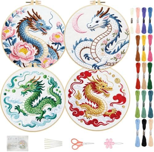 FREEBLOSS 4 Sets Embroidery Kit for Beginners Needlepoint Dragon&Cloud Stamped Embroidery Starter Kit with Instructions, Needles, Threads, 2 Hoops 11.6"/29.5CM
