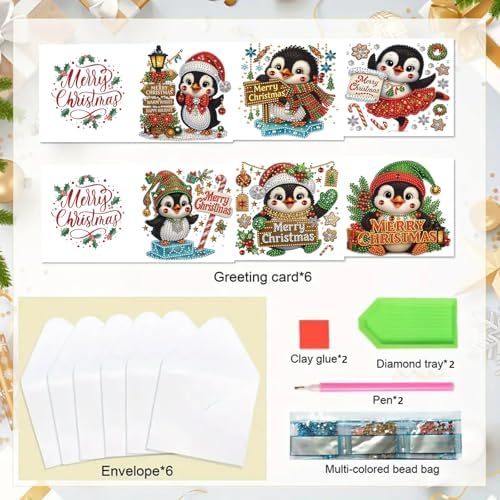 6Pcs Christmas Greeting Card DIY Diamond Art Painting Greeting Cards Blessing Folding Card Kit with White Envelopes Diamond Arts Crafts for Birthday Festival Gift-Penguin