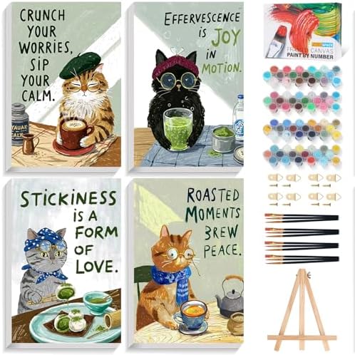 4 Pack Framed Paint by Numbers Kit for Adults Beginner with Wooden Easel, Funny Cat Easy Paint by Numbers with Frame, DIY Cute Animal Number Painting for Adults Canvas for Home Decor Gift 8x12 Inch
