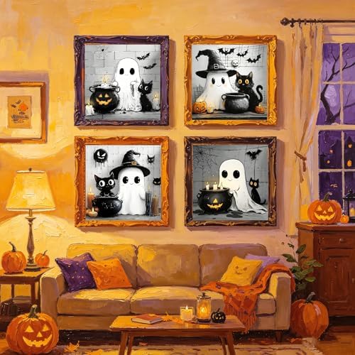 KYOQFVN 4 Pack Framed Paint by Numbers Kits for Adults, Halloween Paint by Number for Adults Beginners, Ghost Adult Painting by Number Kit on Canvas for Home Wall Decor 8×8inch