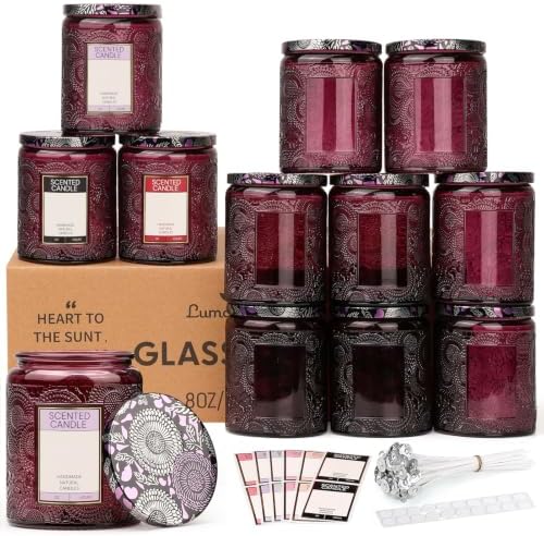 LumaCraft Luxury Embossed Glass Candle Jars for Making Candles - 12 Pack 8oz Empty Candle Containers with Airtight Metal Lids, 20 Wicks & 20 Stickers, Colored Glass Jars for Gifts & Decor